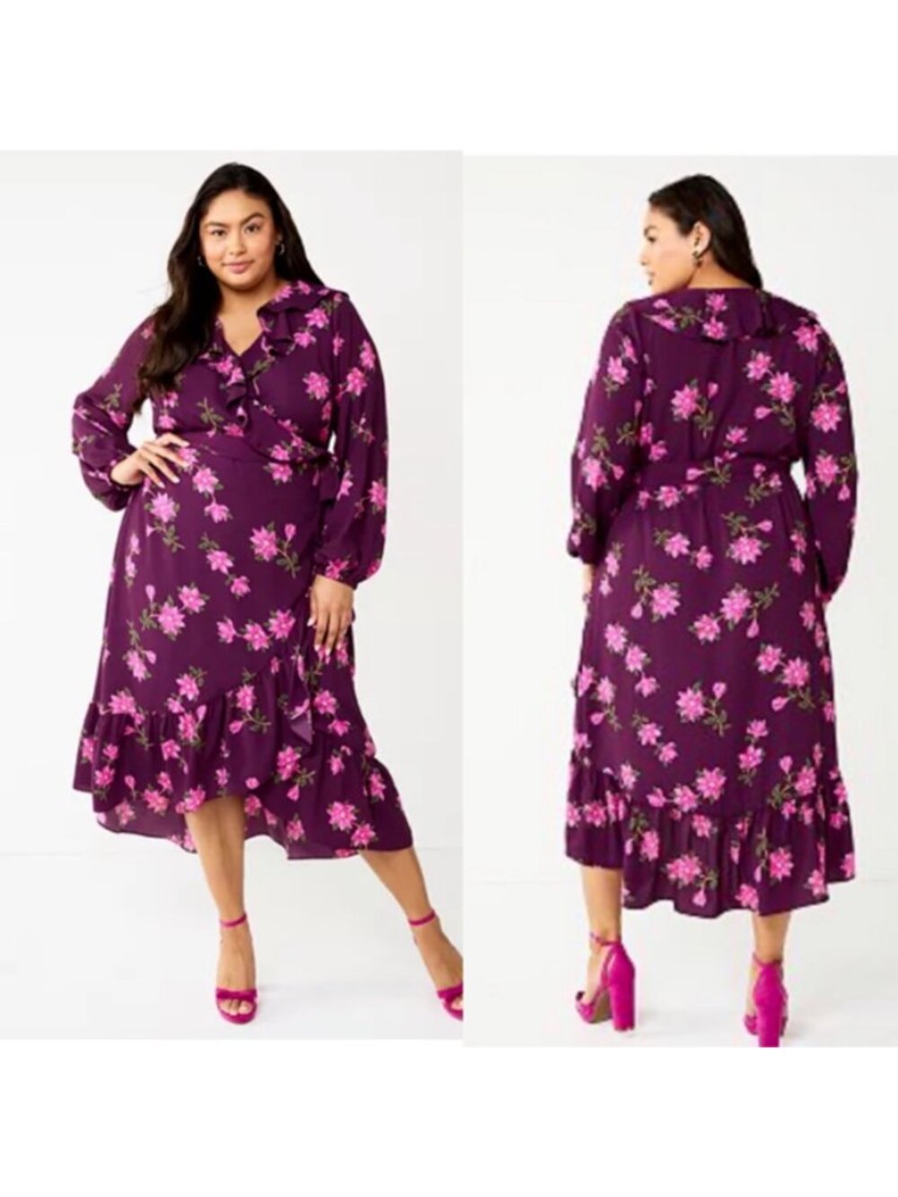 Draper James RSVP Floral Wrap Midi Dress XXL Purple Pink Ruffle Hem